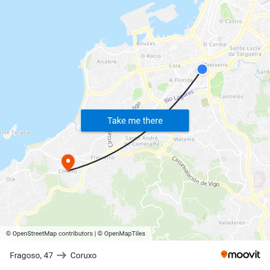 Fragoso, 47 to Coruxo map