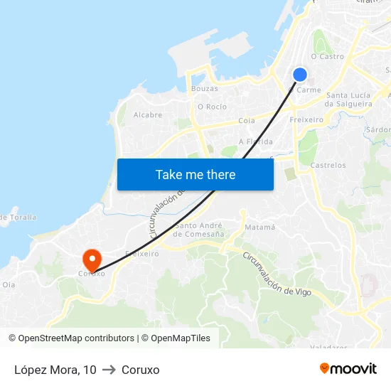 López Mora, 10 to Coruxo map