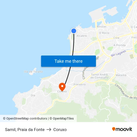 Samil, Praia da Fonte to Coruxo map