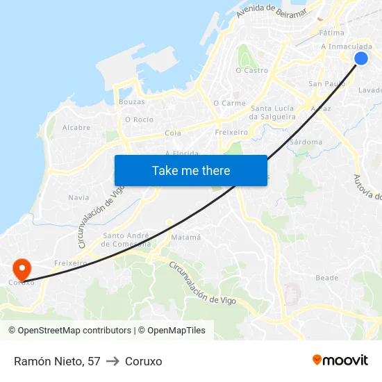 Ramón Nieto, 57 to Coruxo map