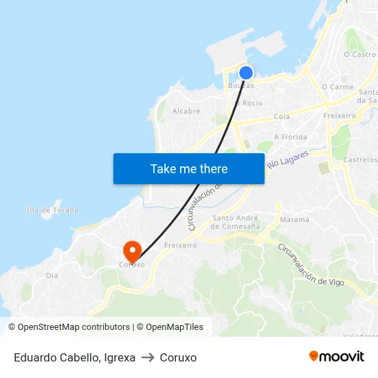 Eduardo Cabello, Igrexa to Coruxo map