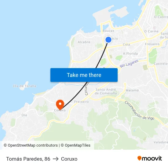 Tomás Paredes, 86 to Coruxo map