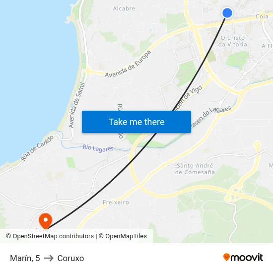 Marín, 5 to Coruxo map