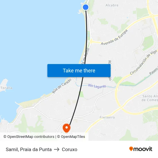 Samil, Praia da Punta to Coruxo map