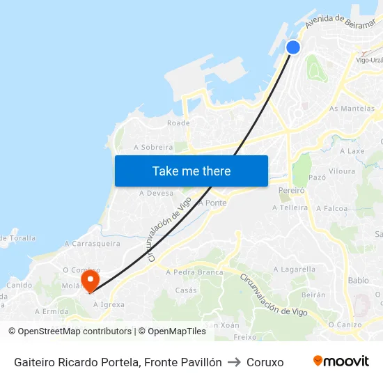 Gaiteiro Ricardo Portela, Fronte Pavillón to Coruxo map