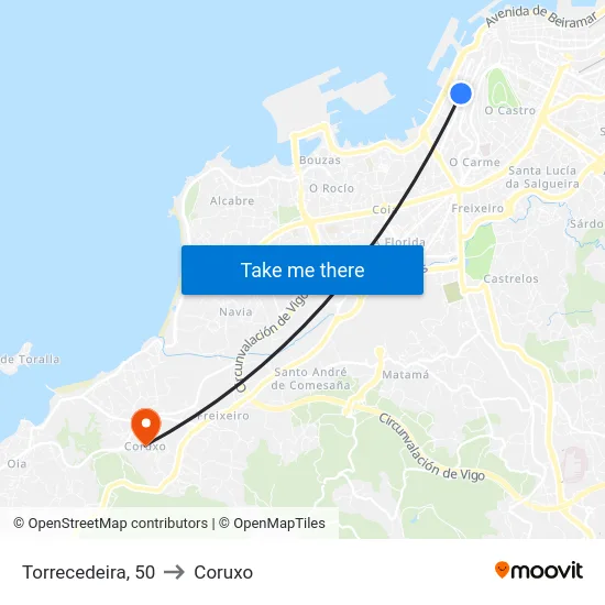 Torrecedeira, 50 to Coruxo map