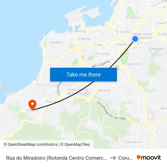 Rúa do Miradoiro (Rotonda Centro Comercial) to Coruxo map