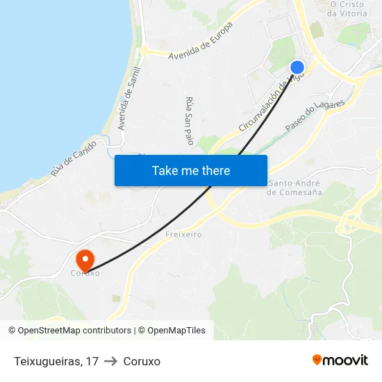 Teixugueiras, 17 to Coruxo map
