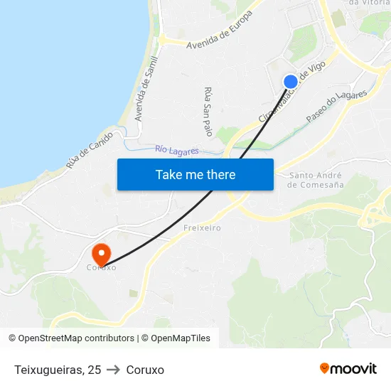 Teixugueiras, 25 to Coruxo map