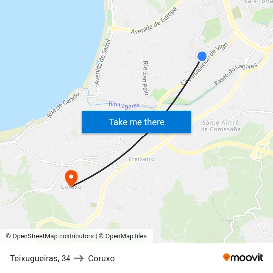 Teixugueiras, 34 to Coruxo map
