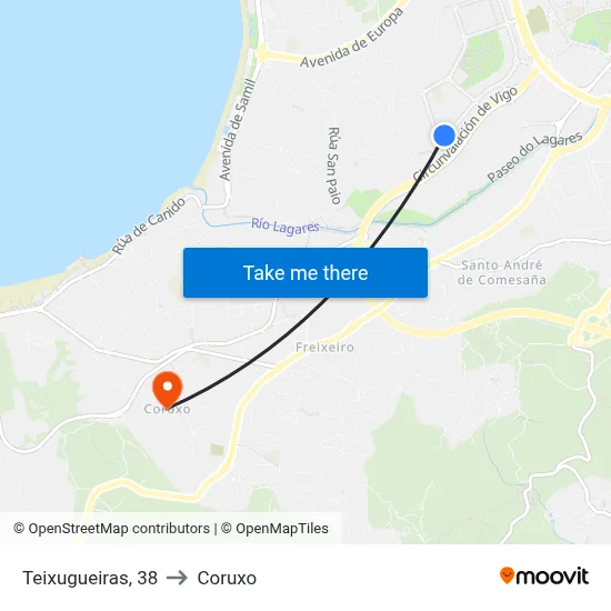 Teixugueiras, 38 to Coruxo map