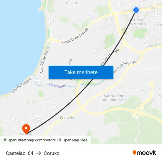 Castelao, 64 to Coruxo map