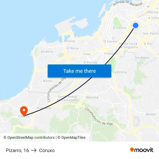 Pizarro, 16 to Coruxo map