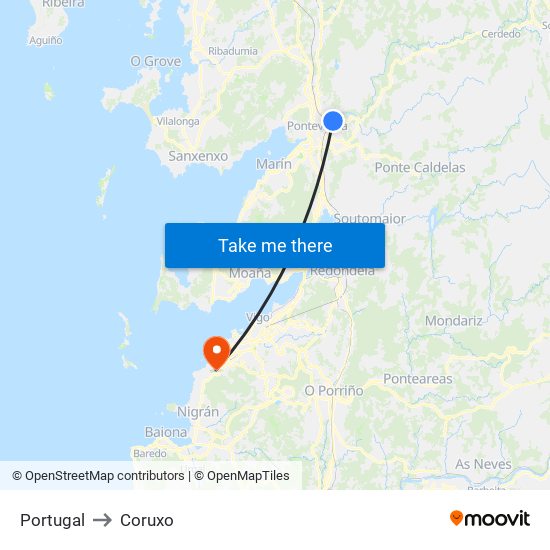 Portugal to Coruxo map