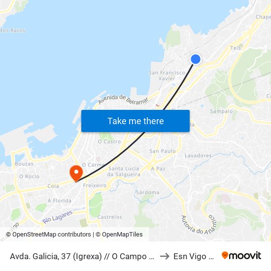 Avda. Galicia, 37 (Igrexa) // O Campo do Cangueiro to Esn Vigo Office map