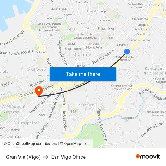 Gran Vía (Vigo) to Esn Vigo Office map
