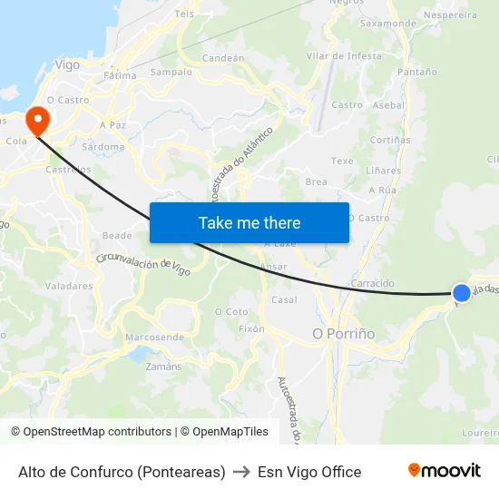 Alto de Confurco (Ponteareas) to Esn Vigo Office map