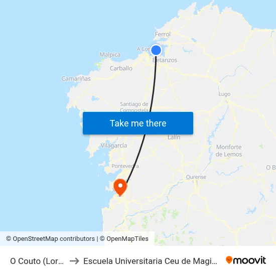 O Couto (Lorbé) to Escuela Universitaria Ceu de Magisterio map