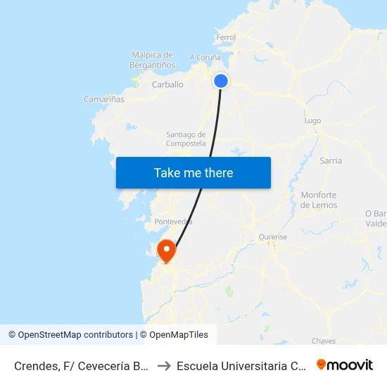 Crendes, F/ Cevecería Barral (Abegondo) to Escuela Universitaria Ceu de Magisterio map