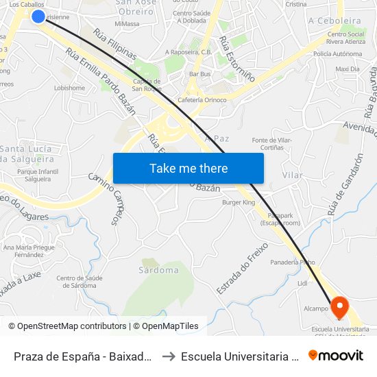 Praza de España - Baixada Interurbanos (Vigo) to Escuela Universitaria Ceu de Magisterio map