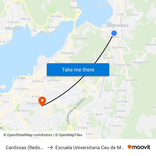 Cardosas (Redondela) to Escuela Universitaria Ceu de Magisterio map