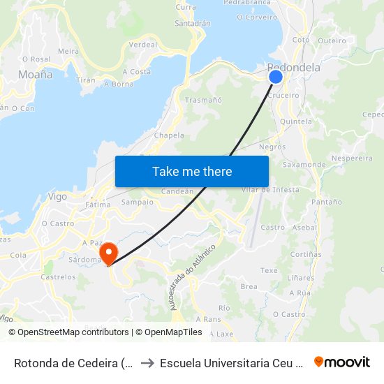 Rotonda de Cedeira (Redondela) to Escuela Universitaria Ceu de Magisterio map