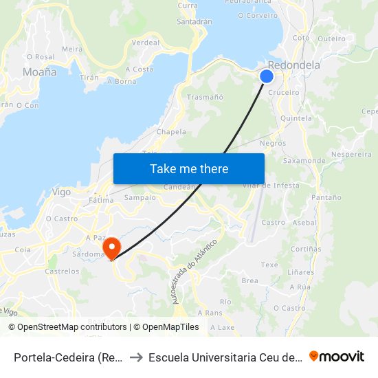 Portela-Cedeira (Redondela) to Escuela Universitaria Ceu de Magisterio map