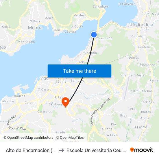 Alto da Encarnación (Redondela) to Escuela Universitaria Ceu de Magisterio map
