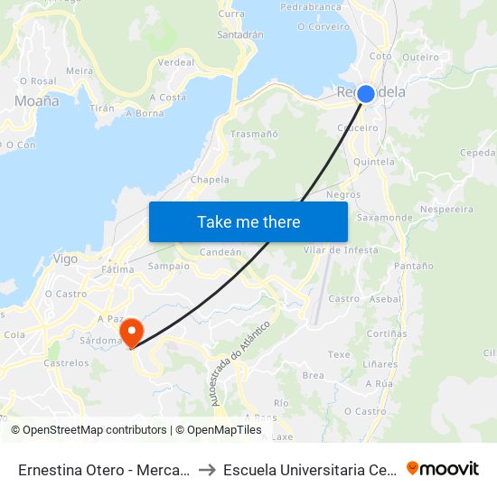 Ernestina Otero - Mercado (Redondela) to Escuela Universitaria Ceu de Magisterio map