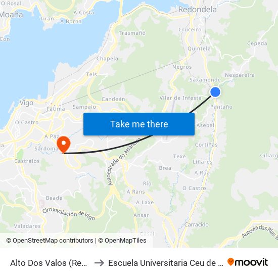 Alto Dos Valos (Redondela) to Escuela Universitaria Ceu de Magisterio map