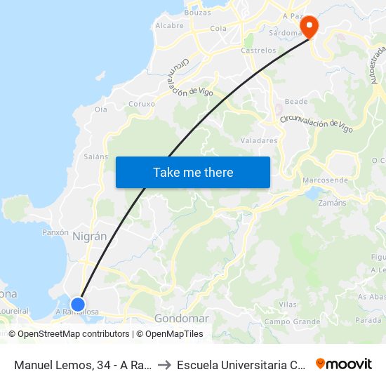 A Ramallosa (Nigrán) to Escuela Universitaria Ceu de Magisterio map