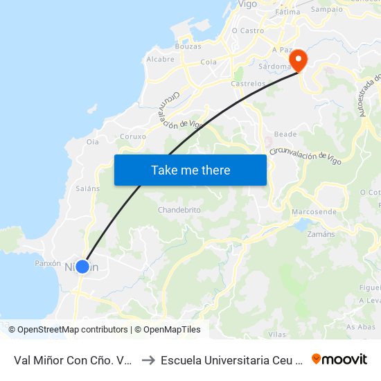 Val Miñor Con Cño. Vello (Nigrán) to Escuela Universitaria Ceu de Magisterio map