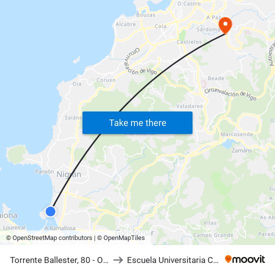 Torrente Ballester, 80 - Os Cotros (Nigrán) to Escuela Universitaria Ceu de Magisterio map