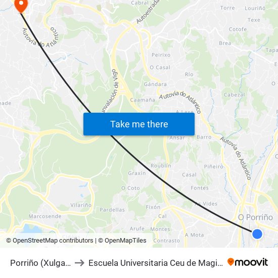 Porriño (Xulgado) to Escuela Universitaria Ceu de Magisterio map