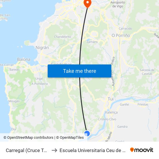 Carregal de Arriba - Cruce Taborda (Tomiño) to Escuela Universitaria Ceu de Magisterio map
