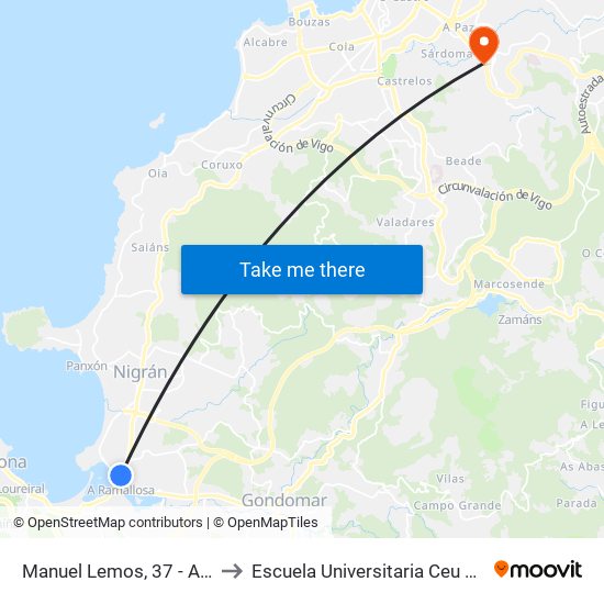 A Ramallosa (Nigrán) to Escuela Universitaria Ceu de Magisterio map