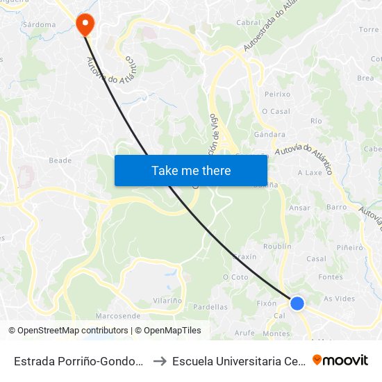 Estrada Porriño-Gondomar - Atín (Mos) to Escuela Universitaria Ceu de Magisterio map