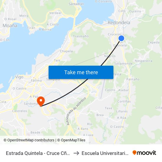 Estrada Quintela - Cruce Cño.Ponteareas (Redondela) to Escuela Universitaria Ceu de Magisterio map