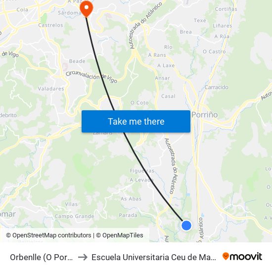Orbenlle (O Porriño) to Escuela Universitaria Ceu de Magisterio map