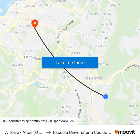 A Torre - Atios (O Porriño) to Escuela Universitaria Ceu de Magisterio map
