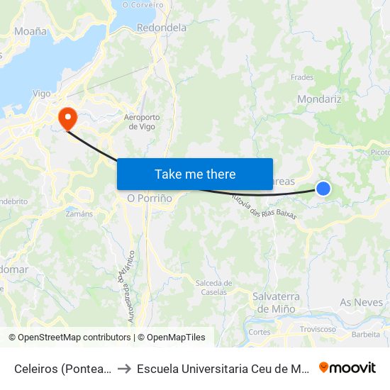 Celeiros (Ponteareas) to Escuela Universitaria Ceu de Magisterio map