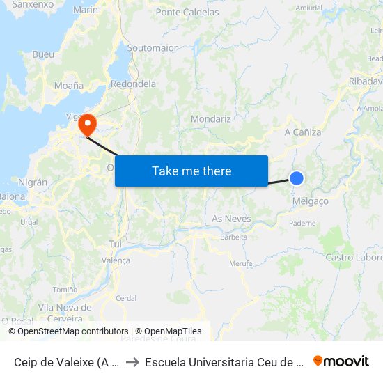 Ceip de Valeixe (A Cañiza) to Escuela Universitaria Ceu de Magisterio map