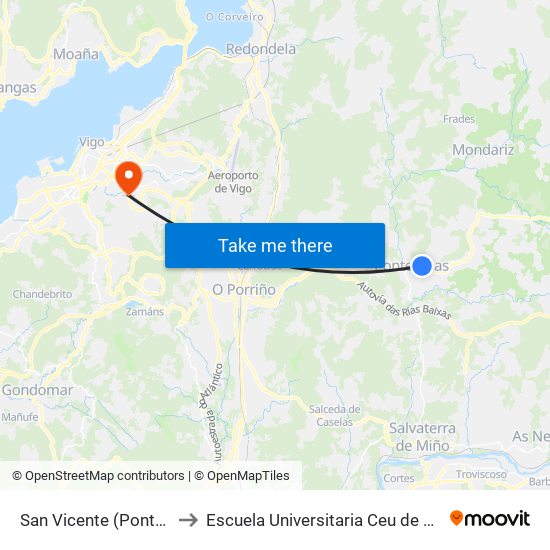 San Vicente (Ponteareas) to Escuela Universitaria Ceu de Magisterio map