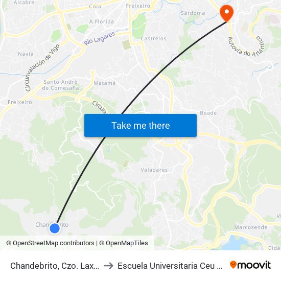 Chandebrito, Czo. Laxes (Nigrán) to Escuela Universitaria Ceu de Magisterio map