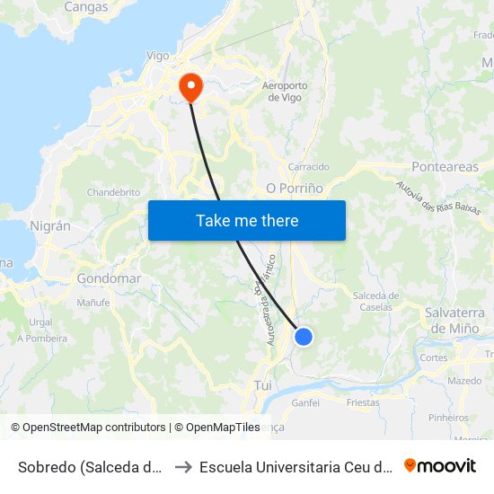 Sobredo (Salceda de Caselas) to Escuela Universitaria Ceu de Magisterio map