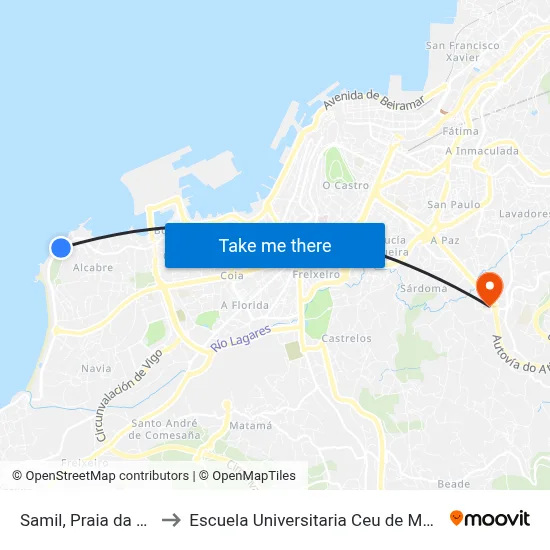 Samil, Praia da Fonte to Escuela Universitaria Ceu de Magisterio map