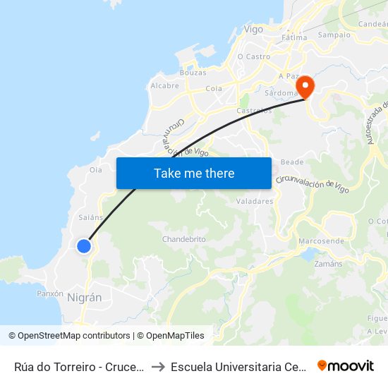 Rúa do Torreiro - Cruce Raña (Nigrán) to Escuela Universitaria Ceu de Magisterio map