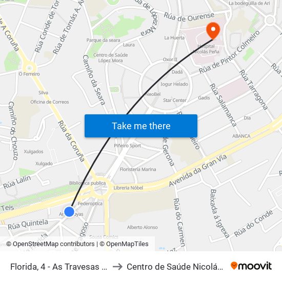 Florida, 4 - As Travesas (Vigo) to Centro de Saúde Nicolás Peña map