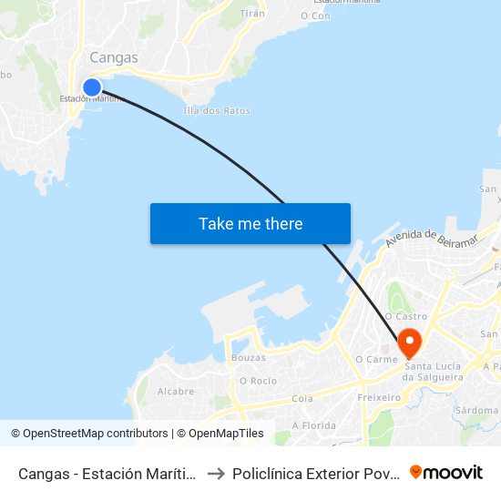 Cangas - Estación Marítima to Policlínica Exterior Povisa map