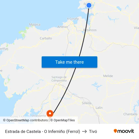 Estrada de Castela - O Inferniño (Ferrol) to Tivó map